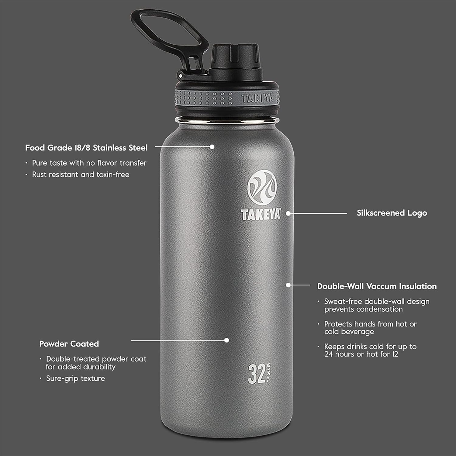 Originals Vacuum-Insulated Stainless-Steel Water Bottle, 40 Ounce, Black
