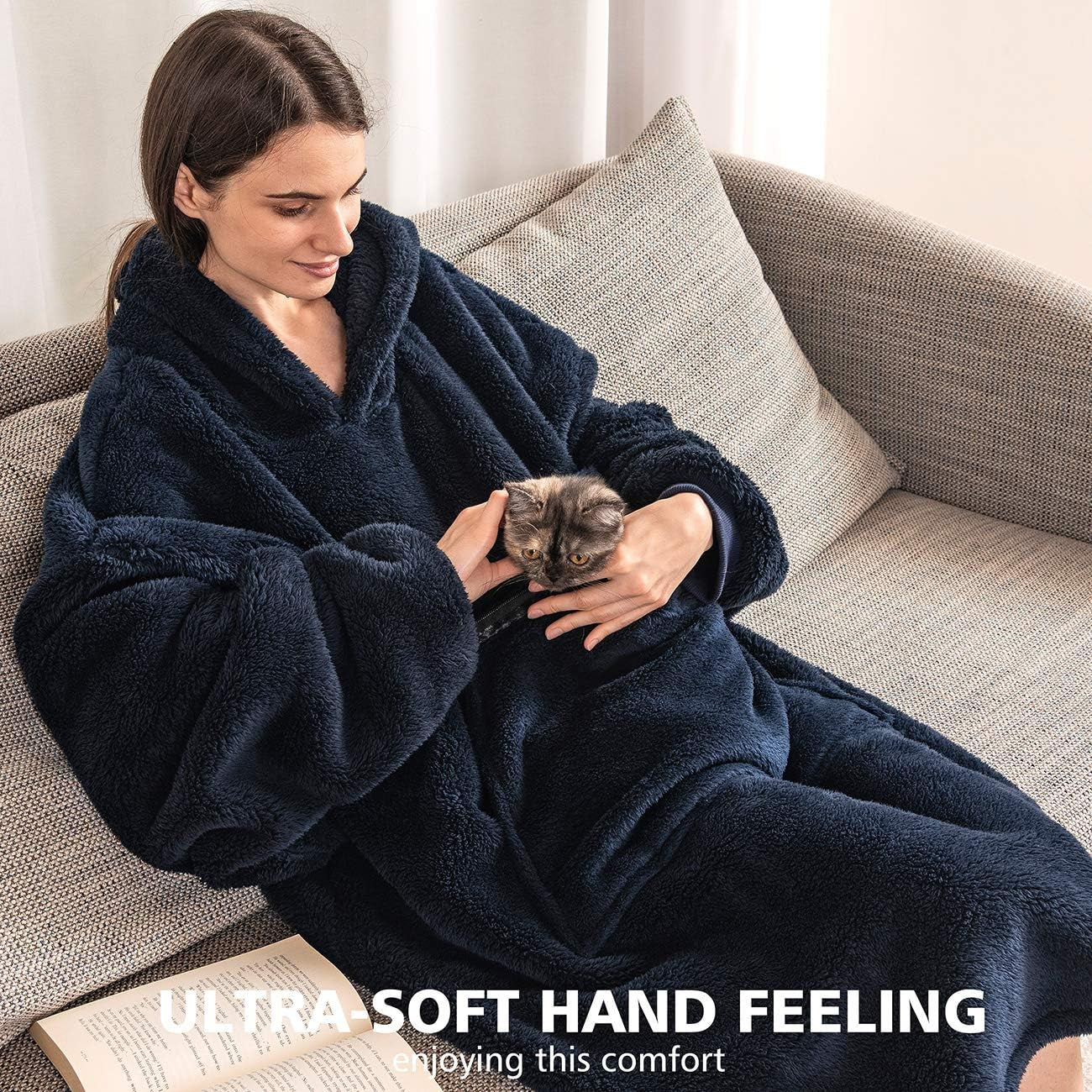 Oversized Blanket Sweatshirt,Comfortable Giant Hoodie Blanket for Women Men Aduls,Sherpa Sweatshirt Blanket with Pocket Sleeves, Super Soft Warm Big Hoody Wearable Blanket,Hoddie Blanket Sweatshirt …