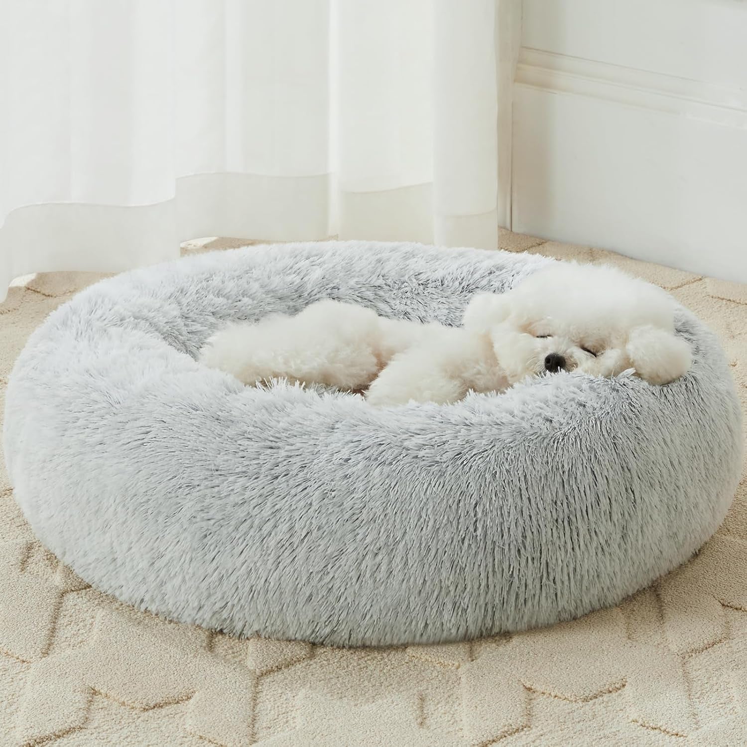 Calming Dog Bed Cat Bed Donut, Faux Fur Pet Bed Self-Warming Donut Cuddler, Comfortable round Plush Dog Beds (24 X 24 Inch, Light Grey)