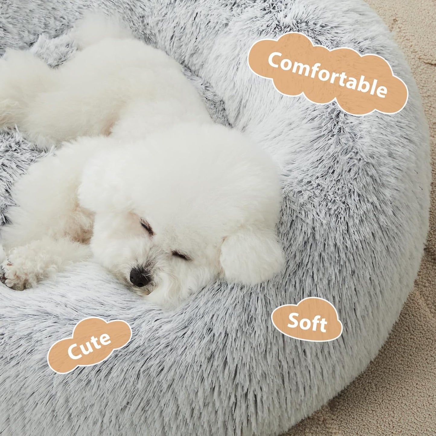 Calming Dog Bed Cat Bed Donut, Faux Fur Pet Bed Self-Warming Donut Cuddler, Comfortable round Plush Dog Beds (24 X 24 Inch, Light Grey)