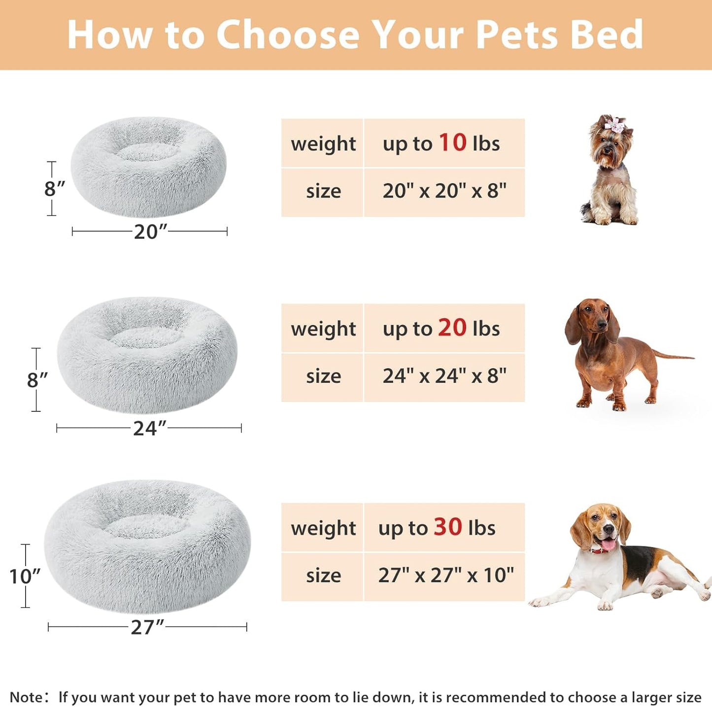 Calming Dog Bed Cat Bed Donut, Faux Fur Pet Bed Self-Warming Donut Cuddler, Comfortable round Plush Dog Beds (24 X 24 Inch, Light Grey)